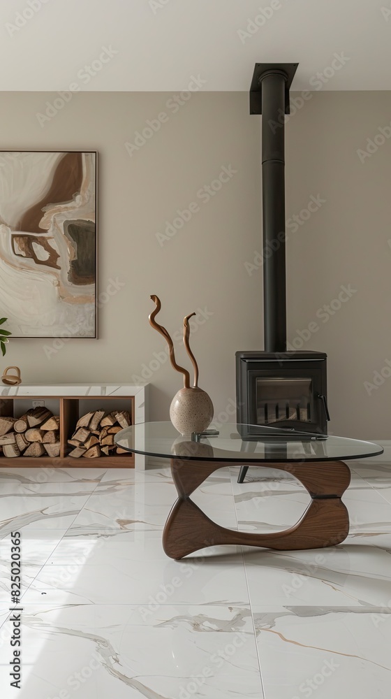 Fototapeta premium An elegant living room with fireplace, glass coffee table and wood stack in the corner. The walls have light beige travertine stone panels. A wooden sculpture hangs on one wall above fire place.