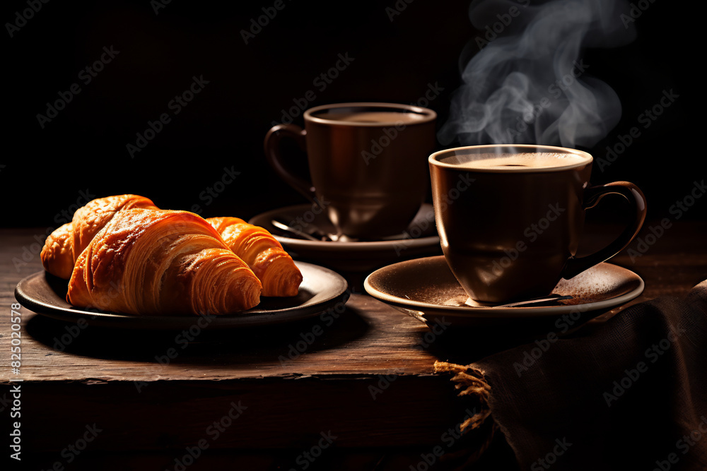 Steaming hot croissants on a black plate with a cup of coffee, set against a dark background, creating a cozy and inviting breakfast scene Steaming hot croissants on a black plate with a cup of coffee, set against a dark background, creating a cozy and inviting breakfast scene