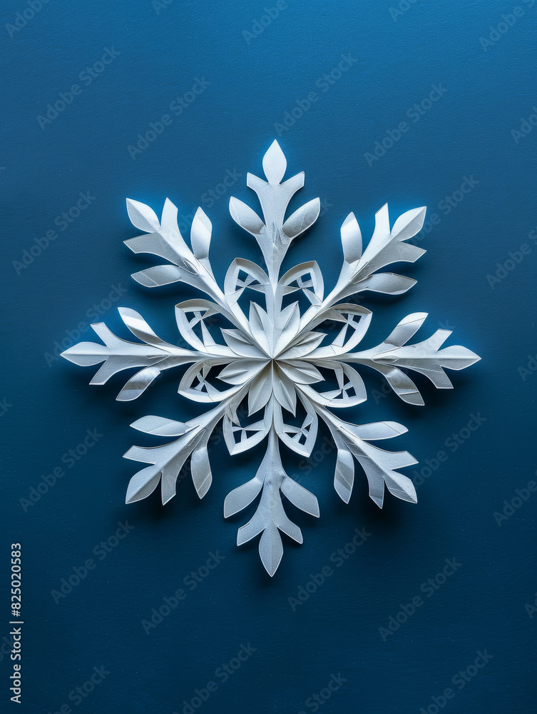 A white paper snowflake on a blue background. A white paper snowflake on a blue background.