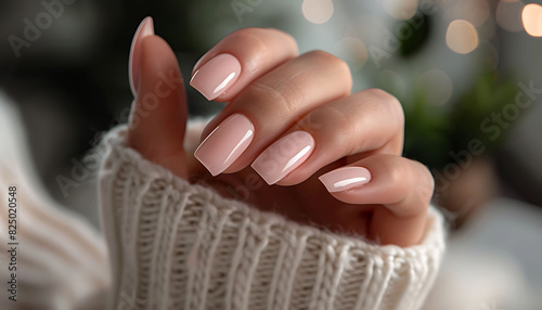 Close-up of a woman s hands with a pale pink gel polish manicure on long square-shaped nails  showcasing an elegant and glossy style