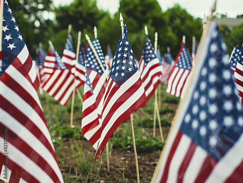 American flag in the wind in the park.Generative AI