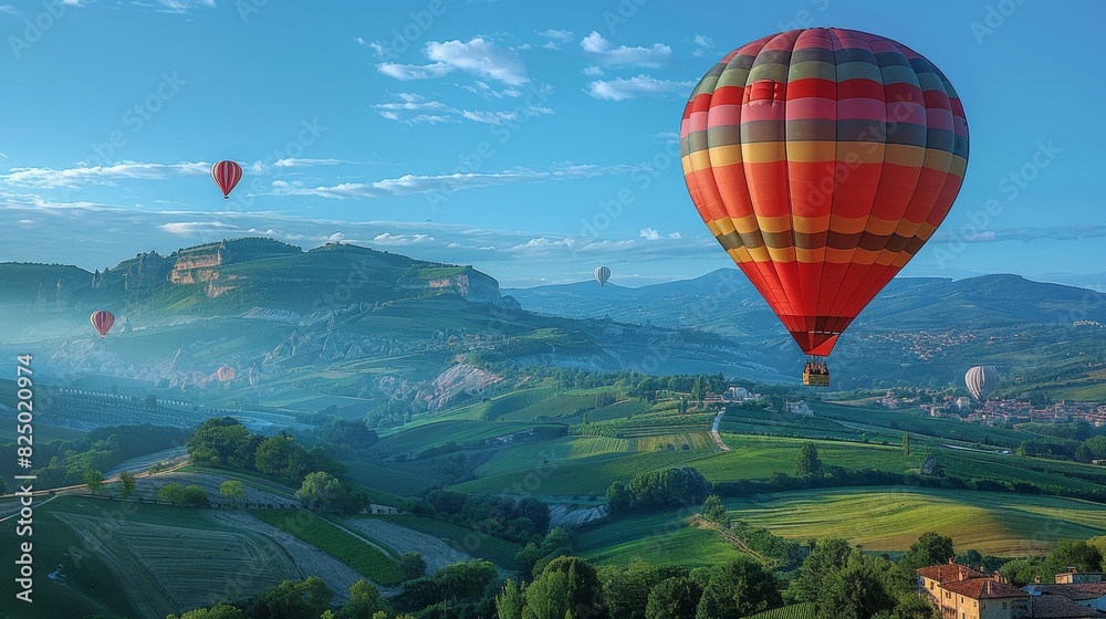 Obraz premium vibrant hot air balloon soaring high in a clear blue sky with a picturesque landscape