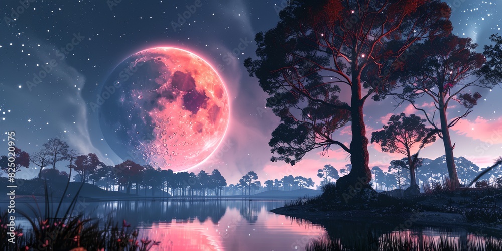 Obraz premium a painting of a red moon over a lake with trees