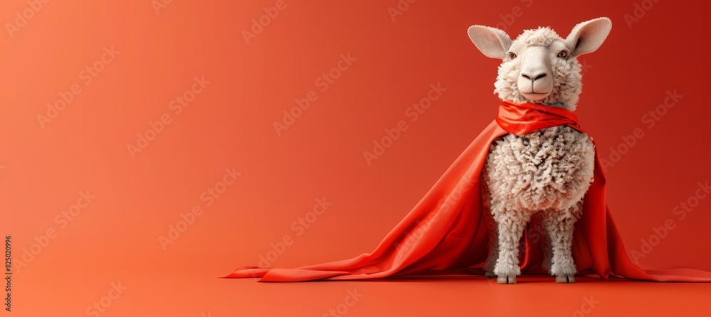Flying superhero sheep on pastel gradient backdrop with ample space for text placement