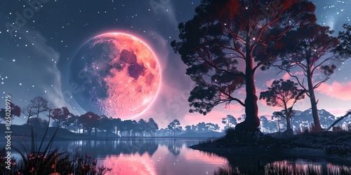 a painting of a red moon over a lake with trees