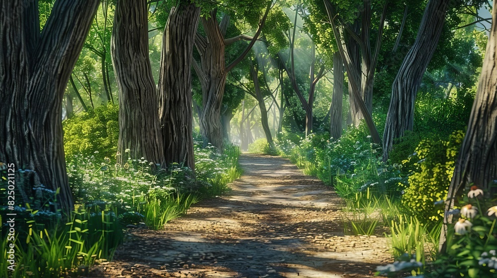 Peaceful woodland path lined with tall trees, dappled sunlight and rich greenery, ultrarealistic and calming