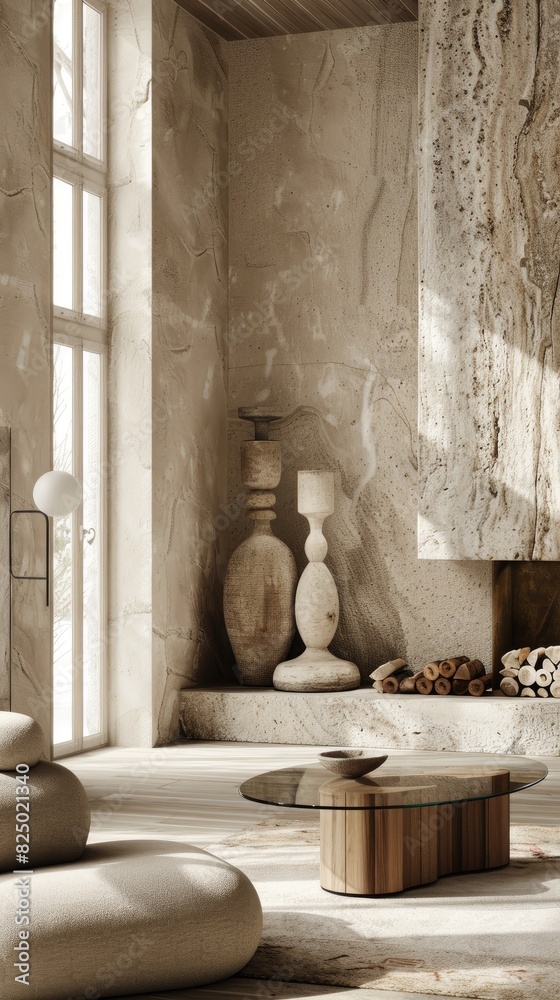 An elegant living room with fireplace, glass coffee table and wood stack in the corner. The walls have light beige travertine stone panels. A wooden sculpture hangs on one wall above fire place.