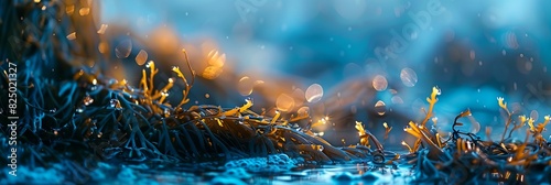 a close up of a grass and water scene with rain drops on the grass and trees in the background... photo