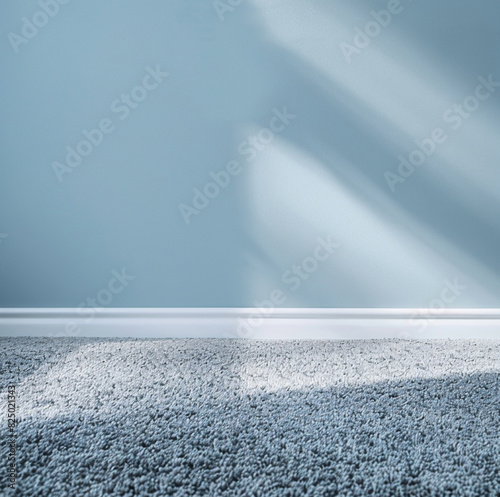 one light blue painted wall and a grey carpet. Soft light from left of picture