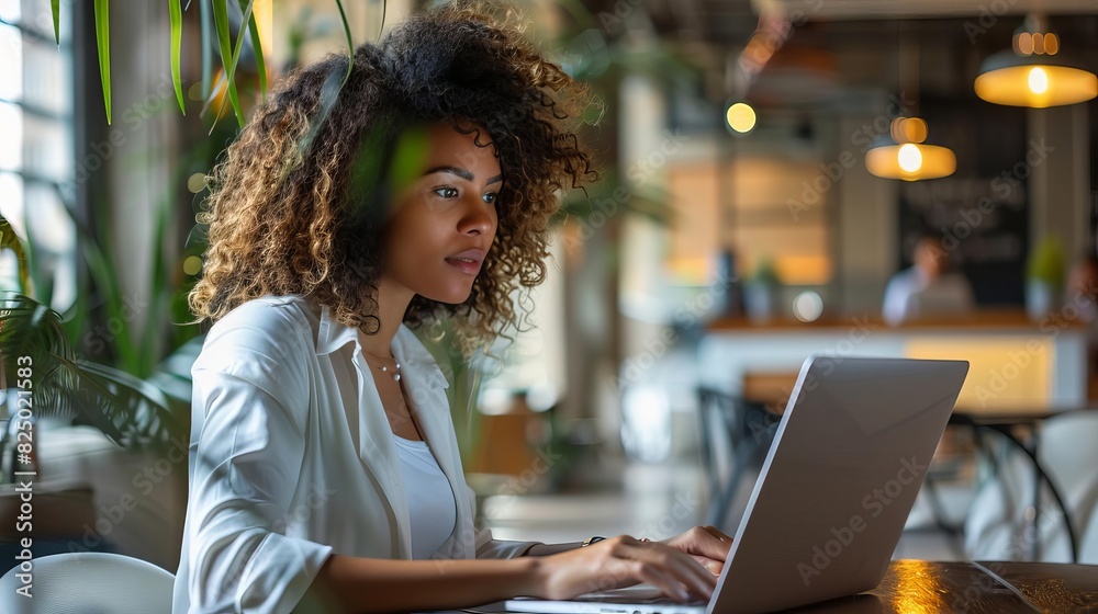 Successful young businesswoman working on a laptop in a stylish coworking space, focused and innovative, ultrarealistic Successful young businesswoman working on a laptop in a stylish coworking space, focused and innovative, ultrarealistic