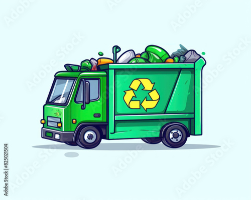 Illustration of a green recycling truck filled with various items, promoting eco-friendly recycling efforts against a light blue background. photo