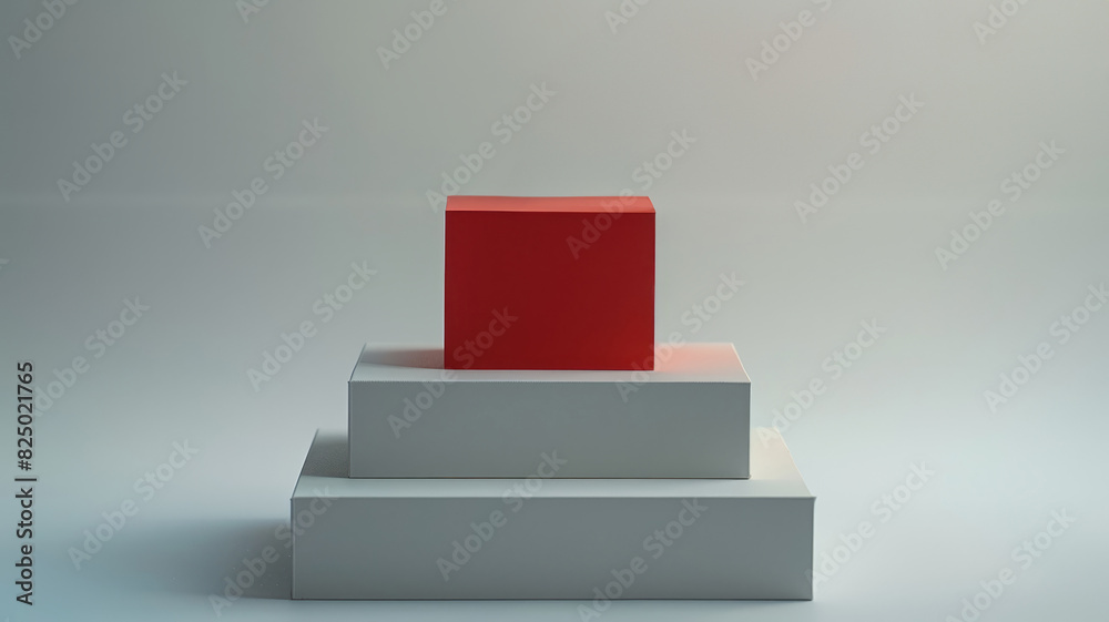 Red cube on a white podium with gradient background