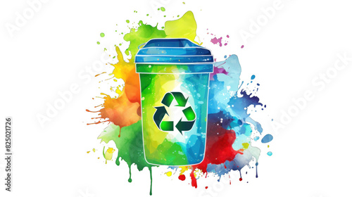 Colorful recycling bin with vibrant paint splashes symbolizing environmental awareness and artistic creativity.