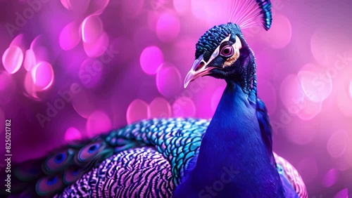 Elegant peacock with ample copyspace on a purple background photo
