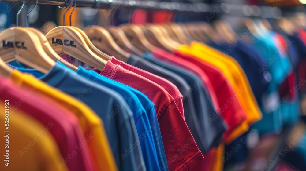 Vibrant collection of trendy tshirts displayed on a rack, showcasing various designs and colors, highresolution and detailed Vibrant collection of trendy tshirts displayed on a rack, showcasing various designs and colors, highresolution and detailed