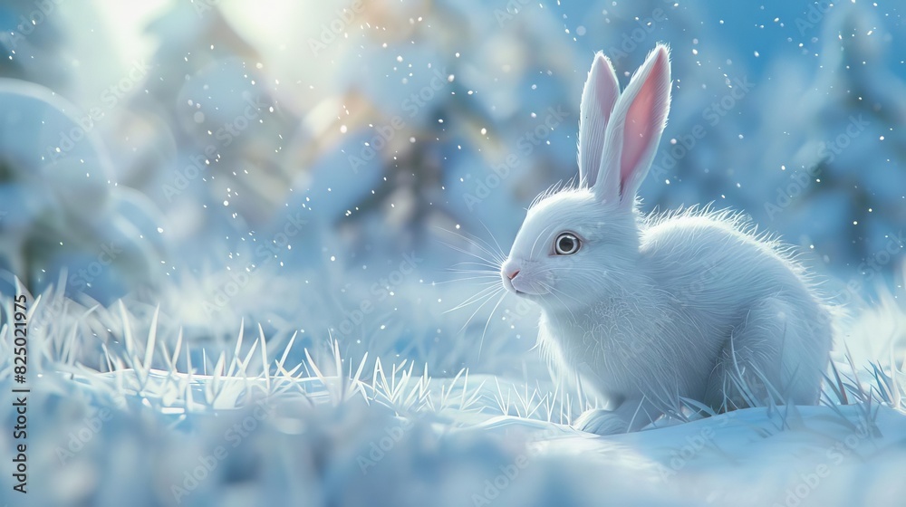 White rabbit with bright eyes exploring a winter wonderland, snowcovered ground and crisp air, ultrarealistic and serene White rabbit with bright eyes exploring a winter wonderland, snowcovered ground and crisp air, ultrarealistic and serene
