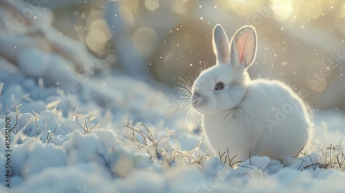 White rabbit with bright eyes exploring a winter wonderland, snowcovered ground and crisp air, ultrarealistic and serene © Nawarit