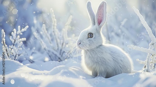 White rabbit with bright eyes exploring a winter wonderland  snowcovered ground and crisp air  ultrarealistic and serene