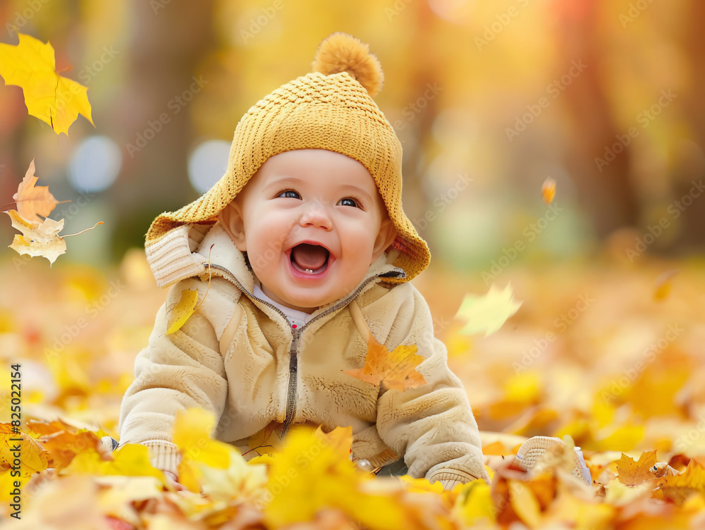 Adorable happy little girl playing with maple leaves in autumn park