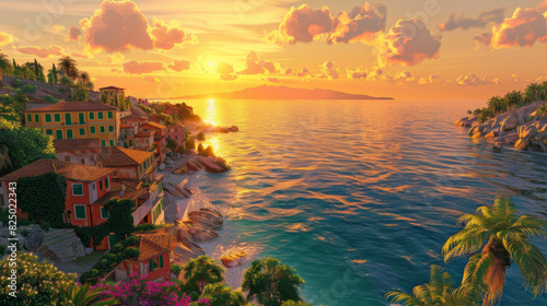 A panoramic view of a picturesque coastal town at golden hour photo