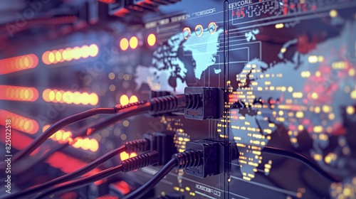 A close-up of a network switch with multiple ethernet cables plugged in  each cable representing a different data pathway  set against a backdrop of global digital maps.