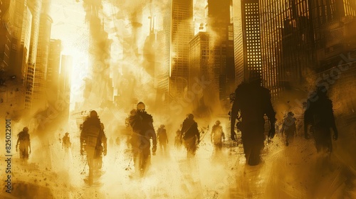Epidemic depicted as shadowy figures moving through a city, Steampunk Style, Sepia Tone, Illustration, Representing urban outbreaks photo