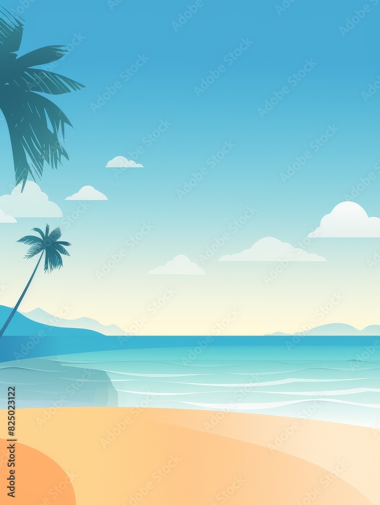 Serene Tropical Beach with Palm Tree and Distant Mountains