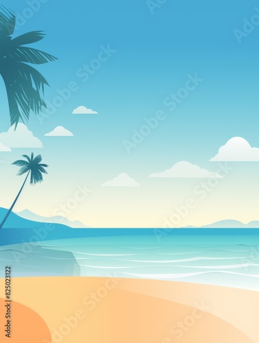Serene Tropical Beach with Palm Tree and Distant Mountains
