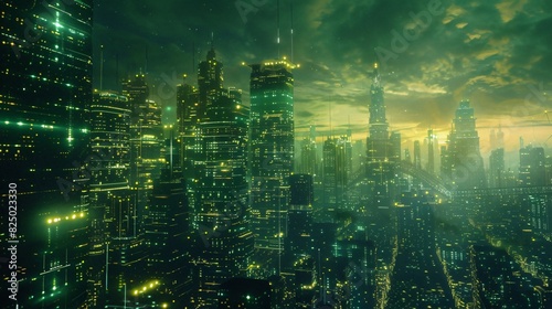 a futuristic city with skyscrapers and bright lights. 