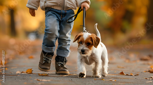 Un bambino piccolo che porta a spasso il suo cagnolino al guinzaglio photo