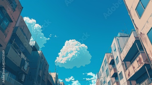 A clear, blue sky with a single, fluffy cloud floating by, against a backdrop of neutral-colored buildings, symbolizing a simple and peaceful day.