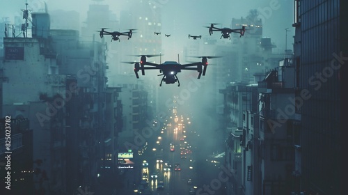  drones flying over a dark city. photo