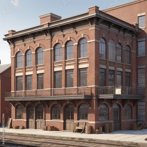 Architectural Design of a wagon freight station in the 1880s with a glass window front with displays of goods. Building is three stories tall. Mainly composed of wood with some smaller brick and stone