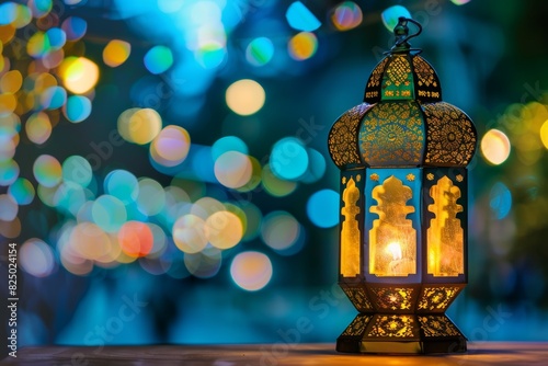 Elegant arabesque lantern glowing on table in enchanting ambiance with beautiful blurred background