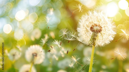 A close-up of a dandelion clock, with the fluffy seeds blowing away in the light, airy breeze. © MAY