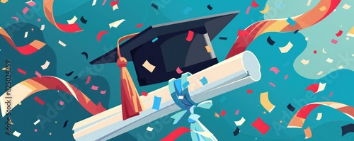 Illustration of a graduation cap and diploma with confetti. photo