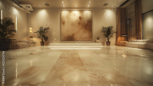 Elegant hotel lobby interior with marble floor, plants and abstract painting on the wall. photo