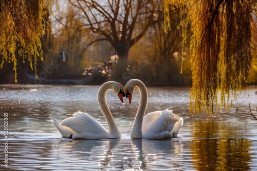Under a Weeping Willow  Swans Meet on Sunlit Lake Water  Gracefully Forming a Heart Shape with Their Necks