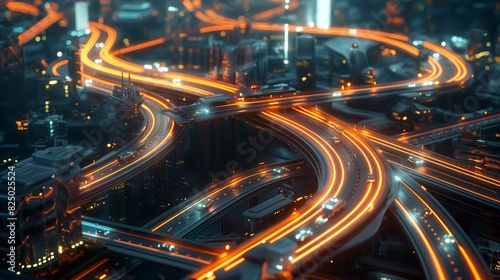 A dynamic cityscape where AI-driven traffic management systems regulate the flow of futuristic vehicles along glowing, elevated highways. 32k, full ultra HD, high resolution photo