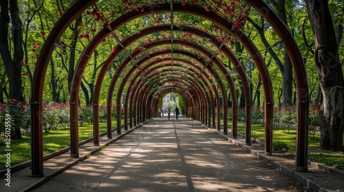 Beautiful rose garden with arches and walkways, full of blooming roses in various colors. Blooming flowers, green leaves, clear sky, people walking along the path, natural scenery.