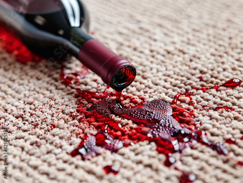 Spilled red wine on the carpet, at home, close-up.Generative AI