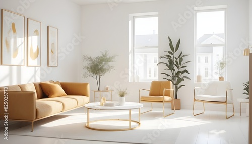 white and gold theme interior modern minimalism photo realism