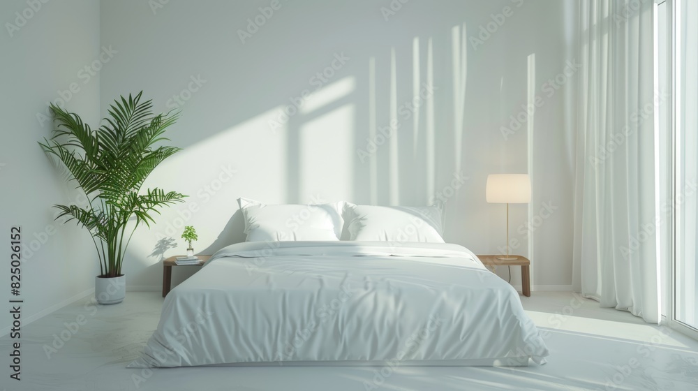 custom made wallpaper toronto digitalA minimalist bedroom with a plain white bedspread, a single pillow, and a small bedside table with a simple lamp, conveying a sense of calm and purity in interior design.