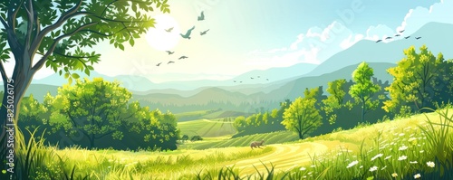 Illustration of a peaceful meadow with rabbits hopping around.