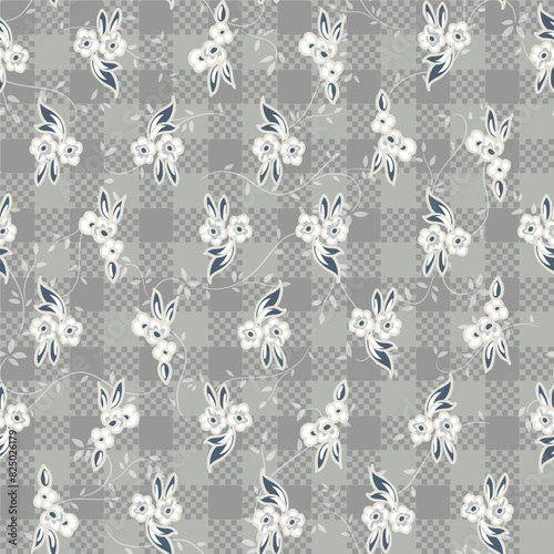 Ditsy floral seamless pattern on checkered texture background © Fardeen_Ehsan