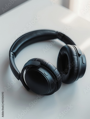 Black over-ear headphones on a white surface.