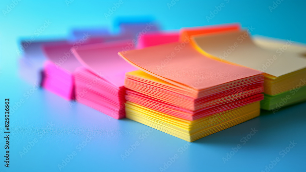 Stacks of colorful sticky notes on a blue background. Stacks of colorful sticky notes on a blue background.