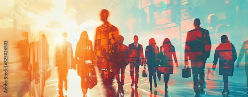 Business people team standing in double exposure with abstract digital collage background. The concept of global business, diversity and change management presented.