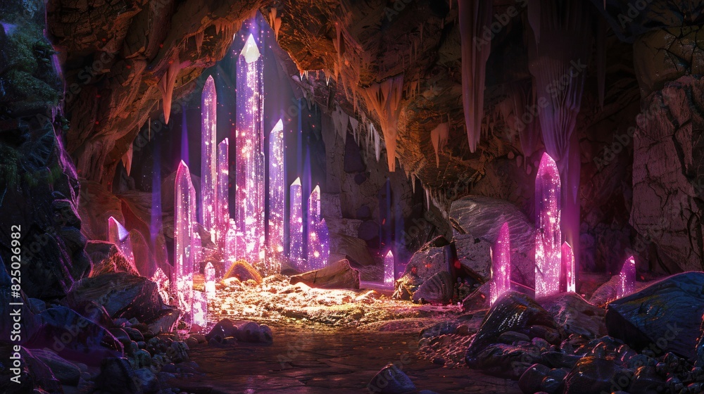  a fantasy cave with blue and yellow glowing crystals.