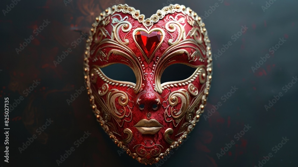Intricate HeartThemed Venetian Carnival Mask in Refined Red and Gold Hues